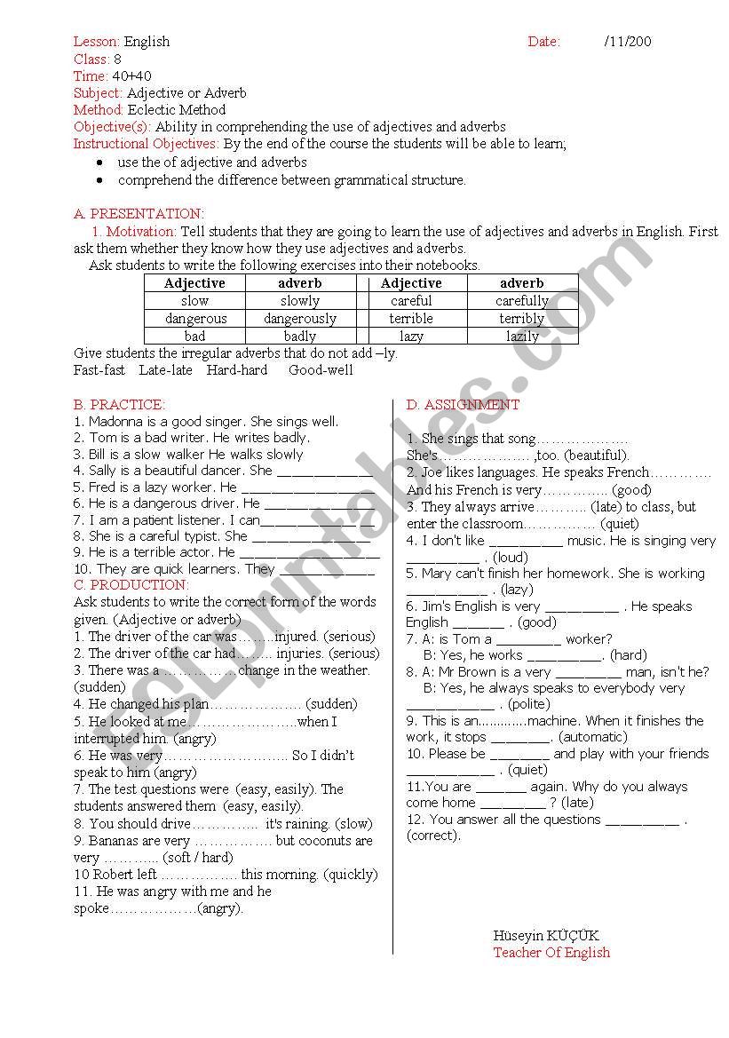 Adjectives or Advers worksheet