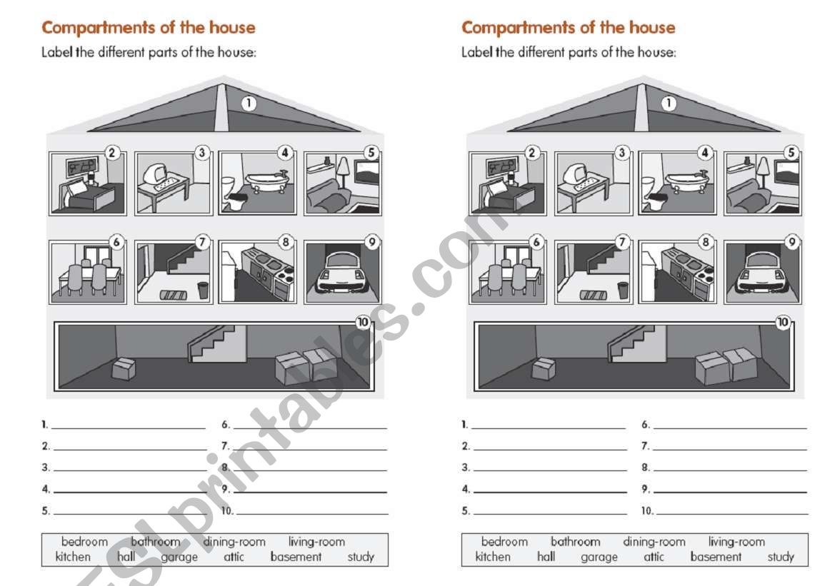 Compartiments of the house worksheet
