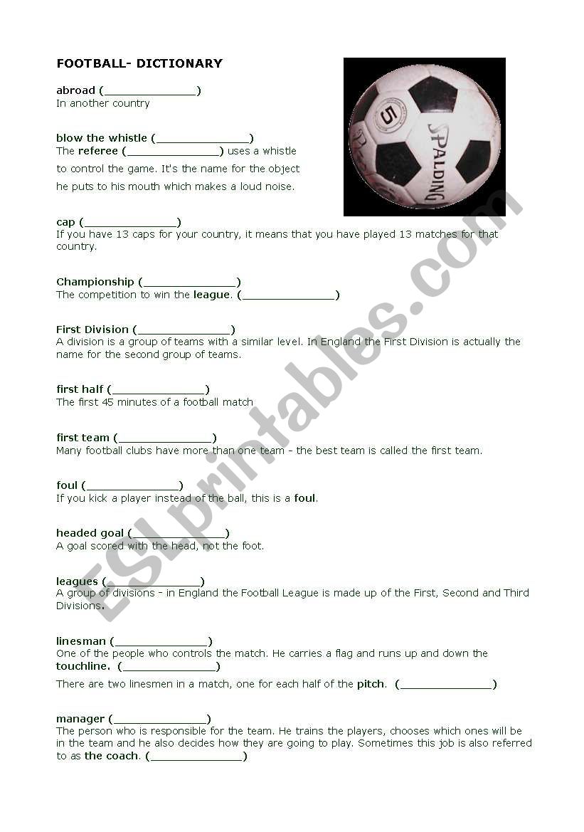 Football- mini dictionary worksheet