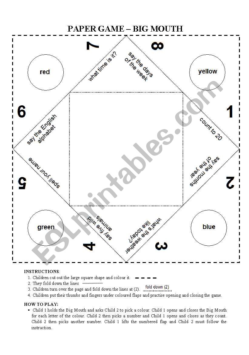 Cootie Catcher: Paper game worksheet