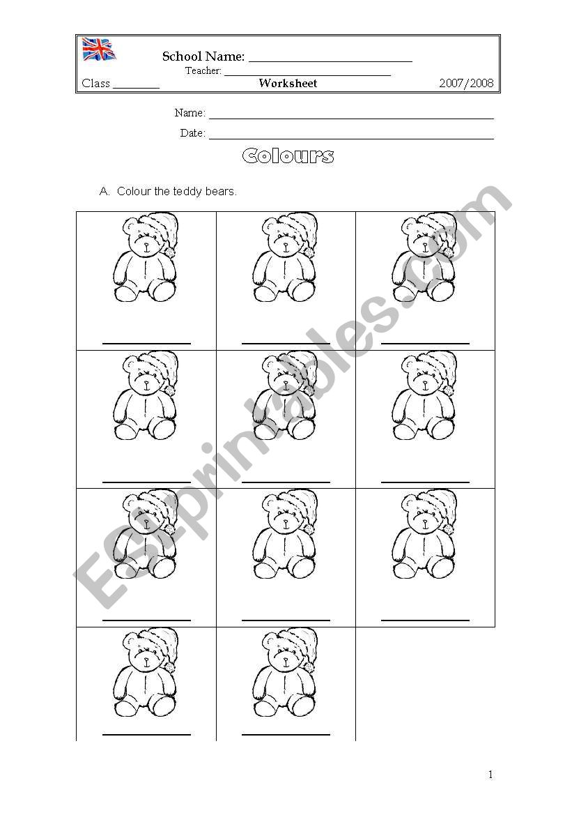 Colour the Teddy Bears worksheet