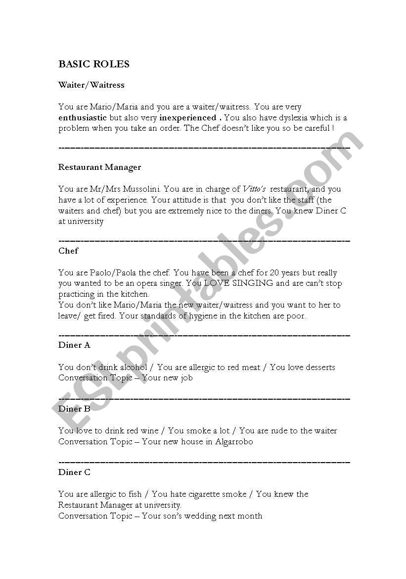 Restaurant Role Play worksheet