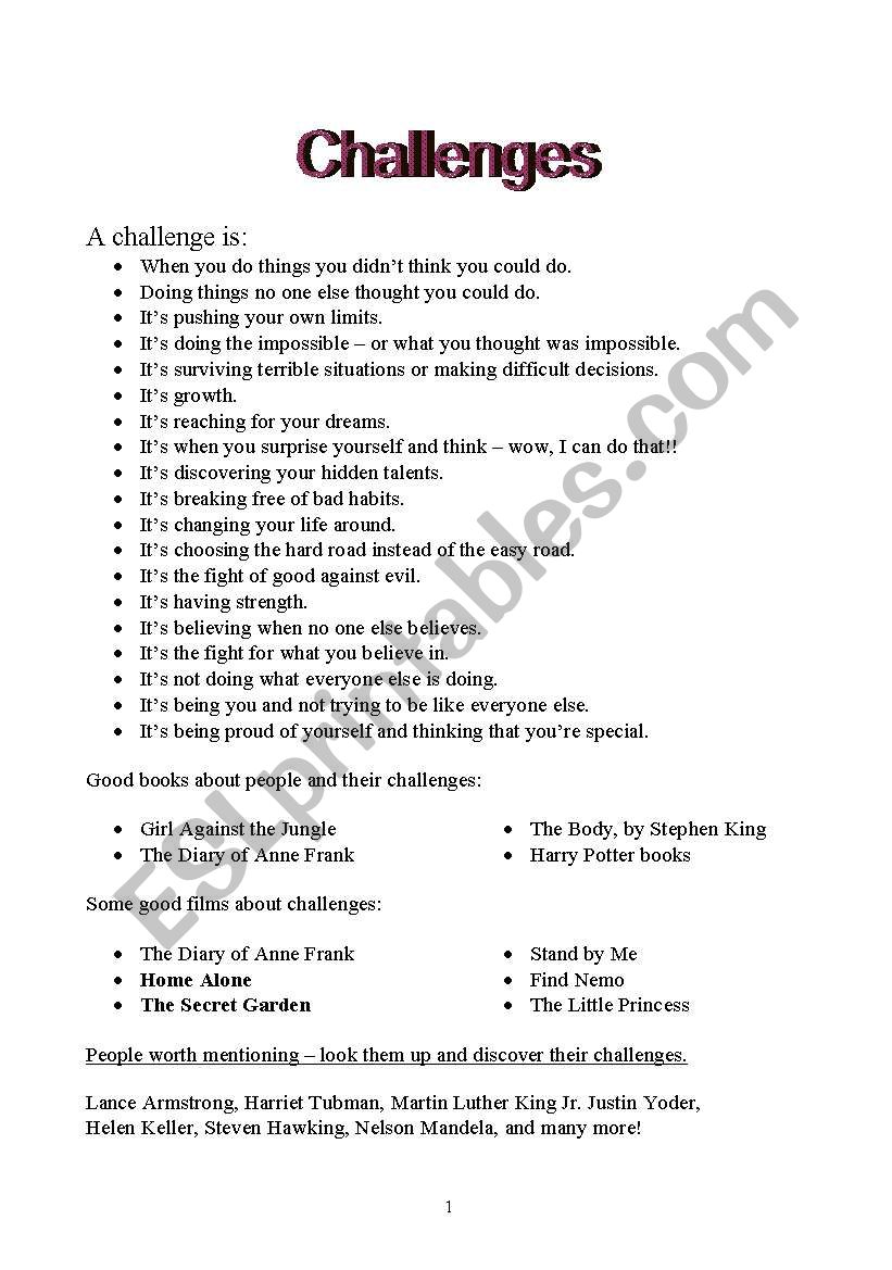 Challenges Page One worksheet
