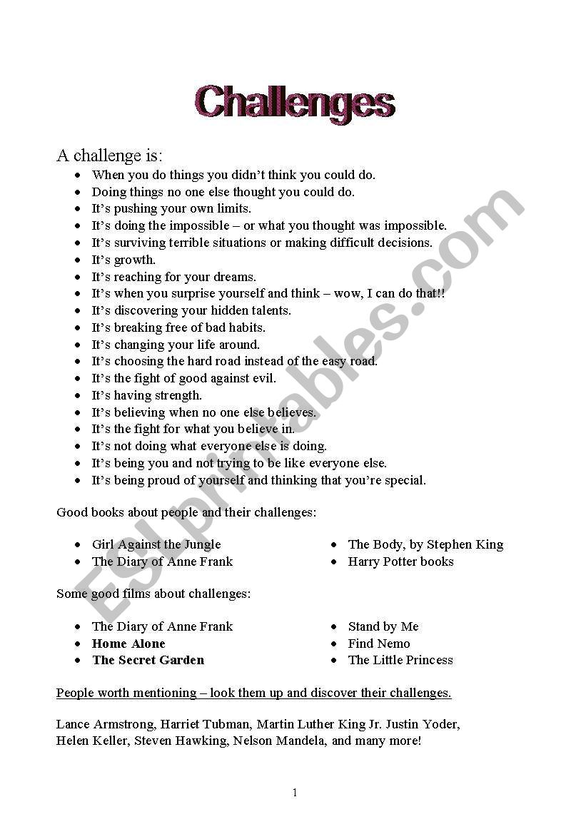 Challenges Page One worksheet