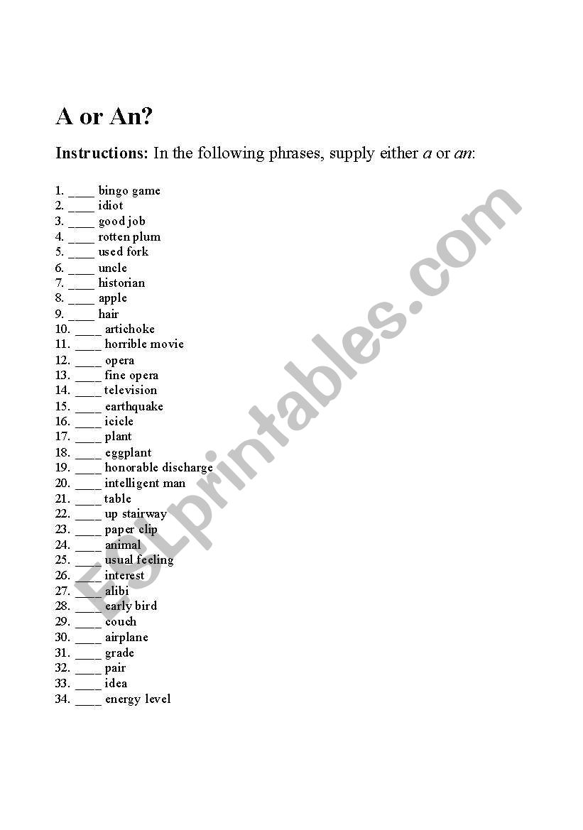 A vs. An worksheet