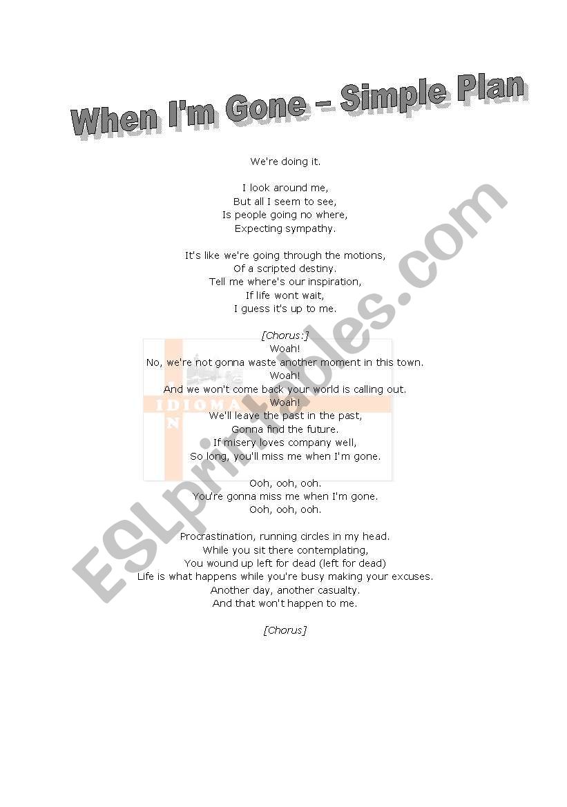 Simple Plan - When Im Gone worksheet