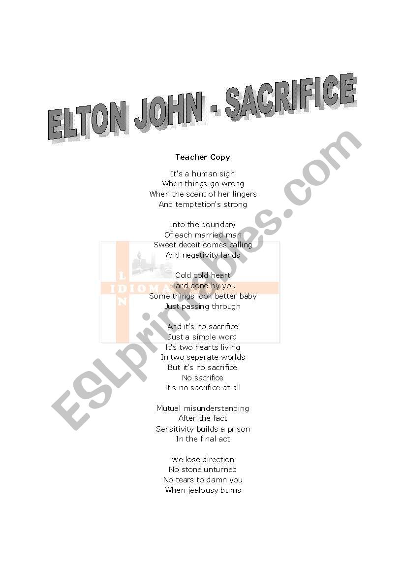 Sacrifice by Elton John - ESL worksheet by gcaMetro
