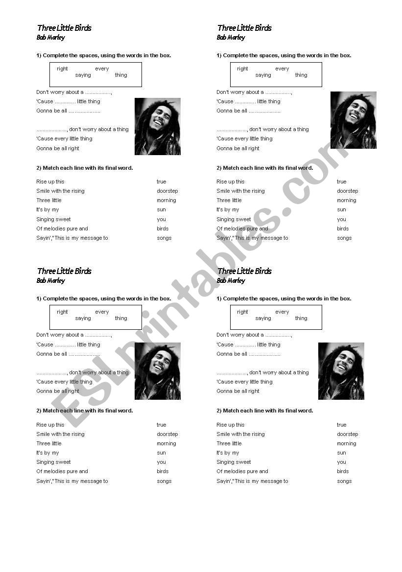 Three Little Birds Song worksheet