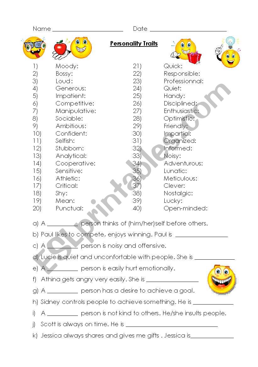 Personality traits (40) worksheet