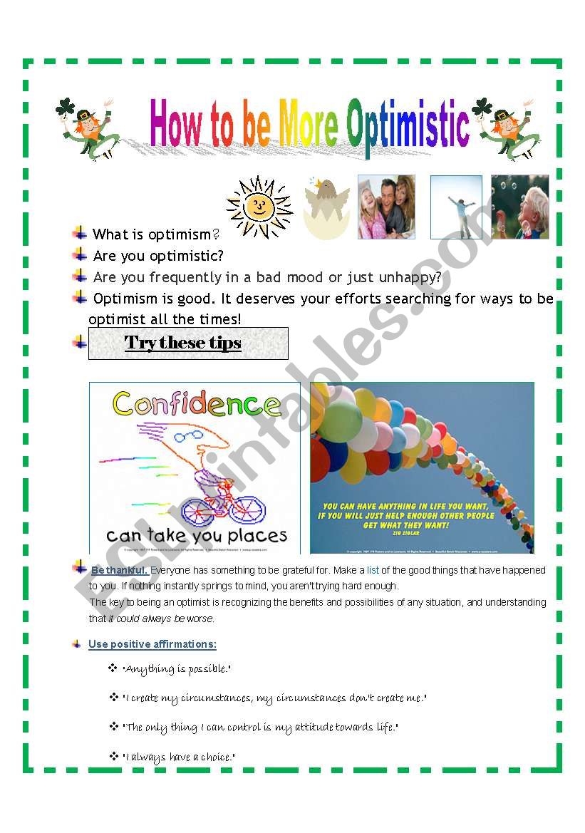 Tips to be Optimistic worksheet