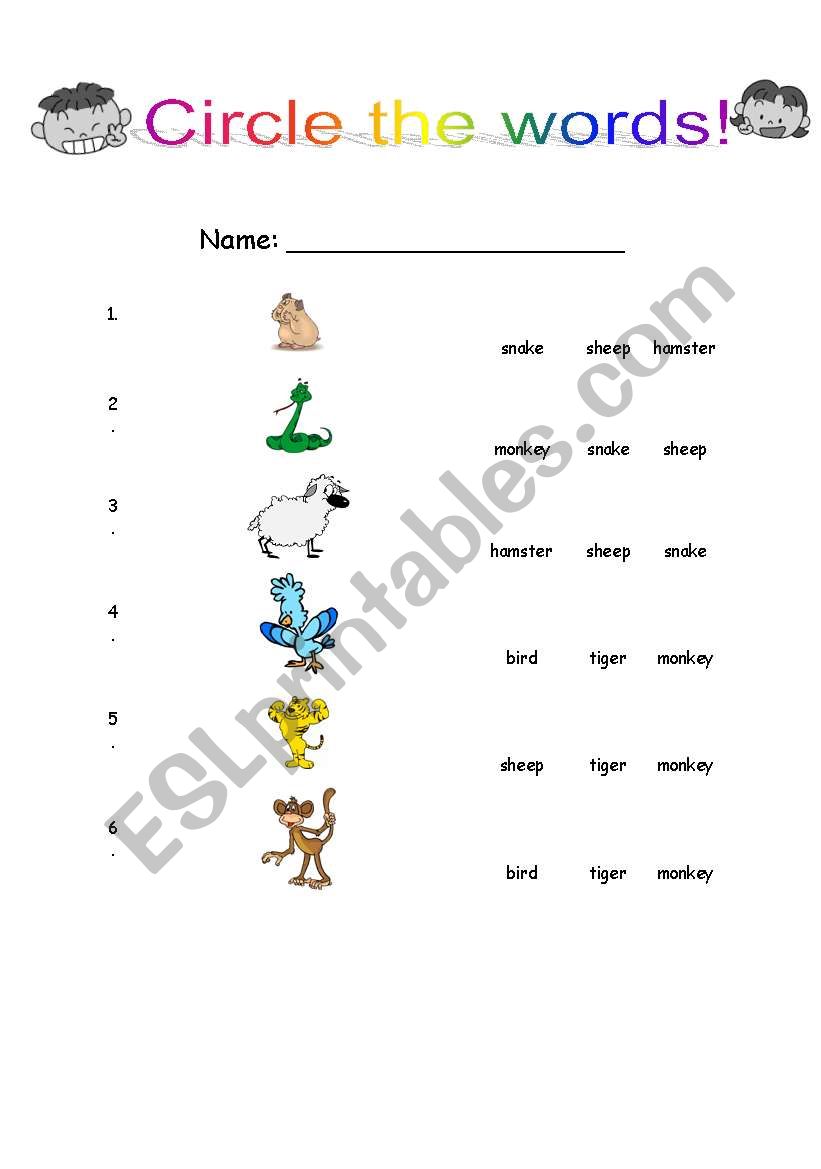 Circle the word(Animals) worksheet