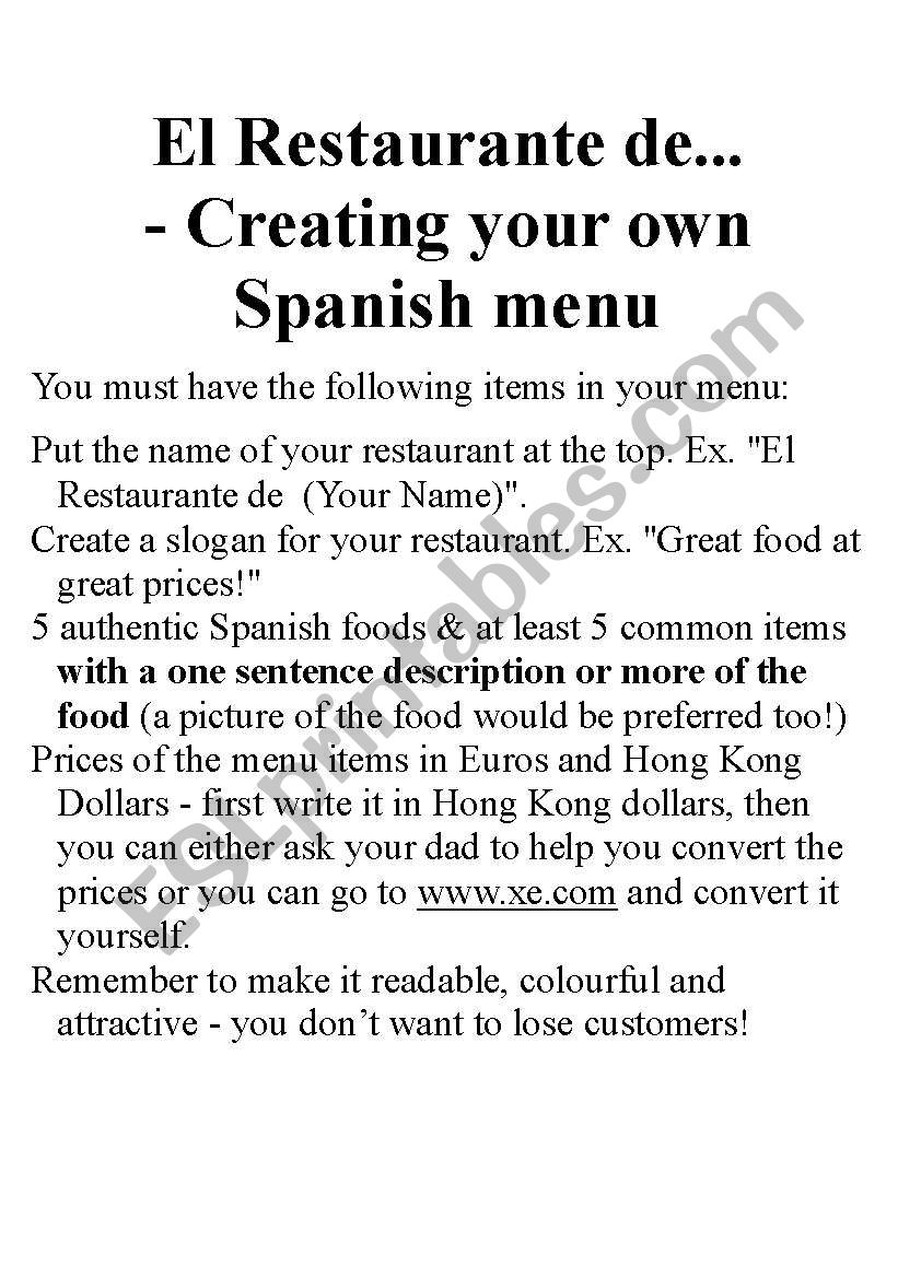 english-worksheets-spanish-english-restaurant