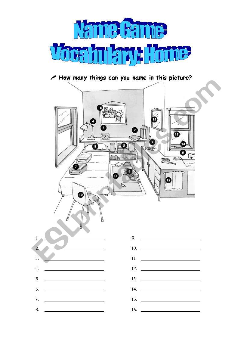 Name game- Vocabulary:home worksheet