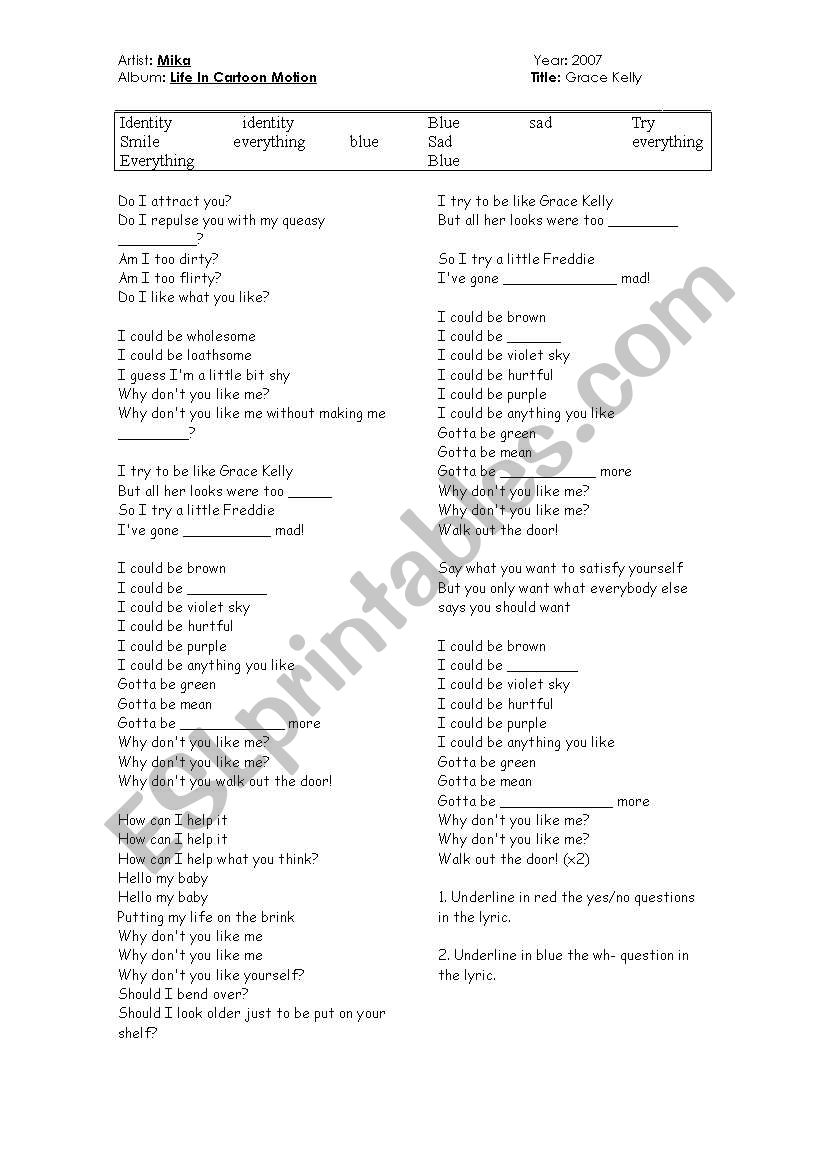 Mikas song worksheet