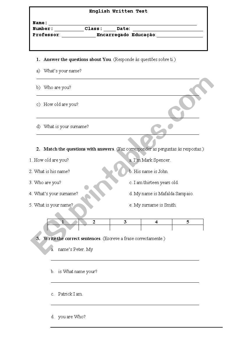 Written test worksheet