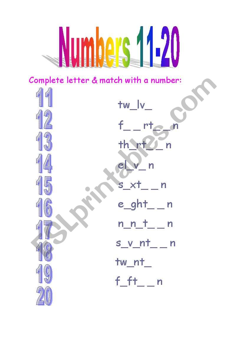 numbers 11 20 letters completing esl worksheet by hanah66