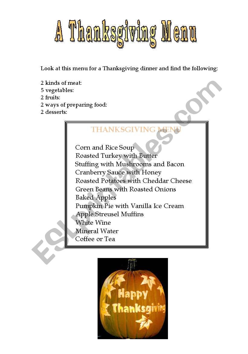 Thanksgiving Menu worksheet
