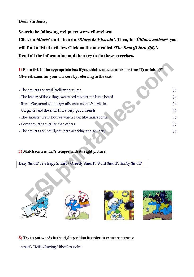 Activity about the Smurfs  worksheet