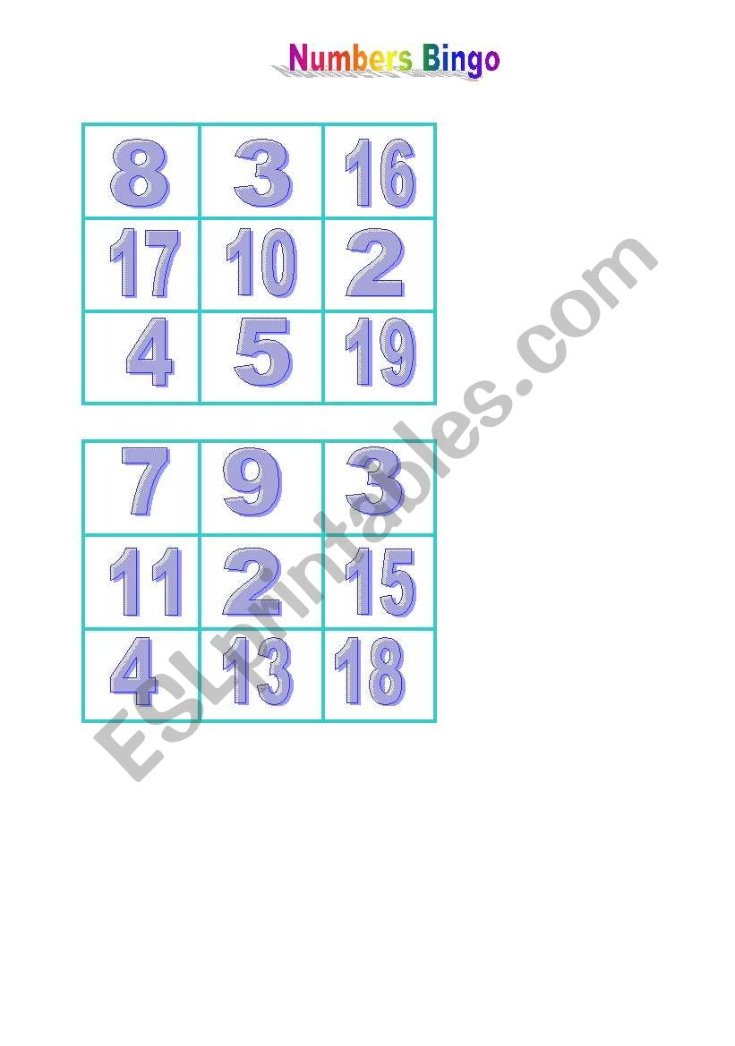 Numbers 1-20 bingo worksheet