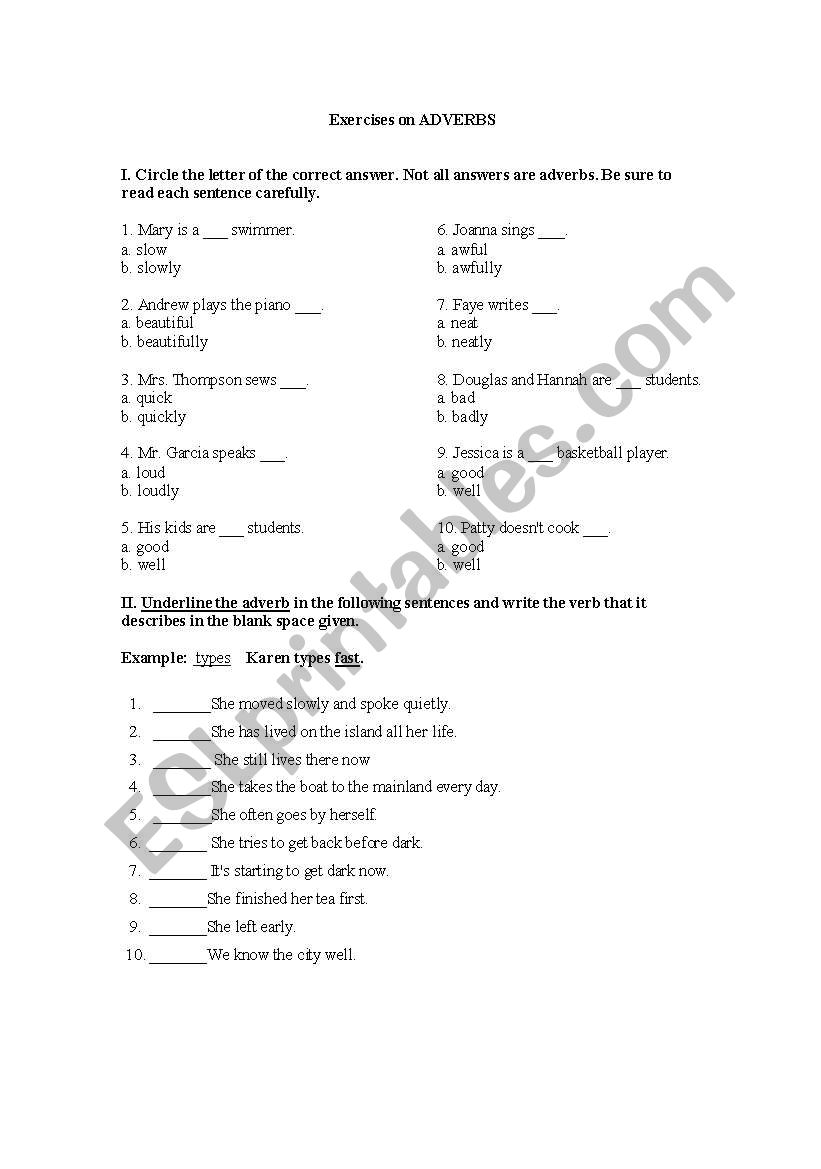 Exercises on Adverbs worksheet