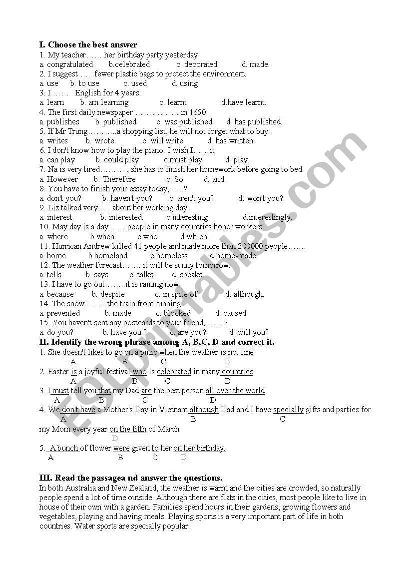 grammar test worksheet