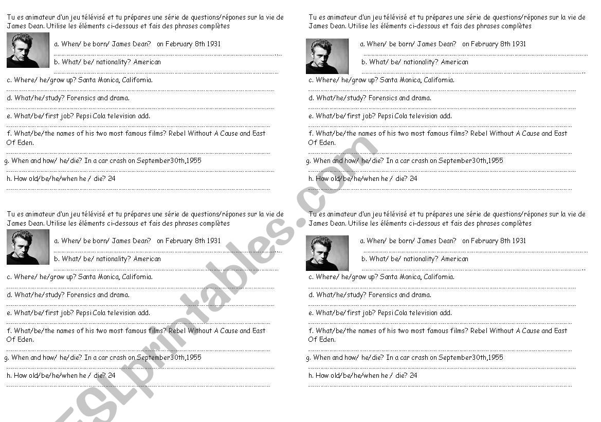 James Dean biography worksheet