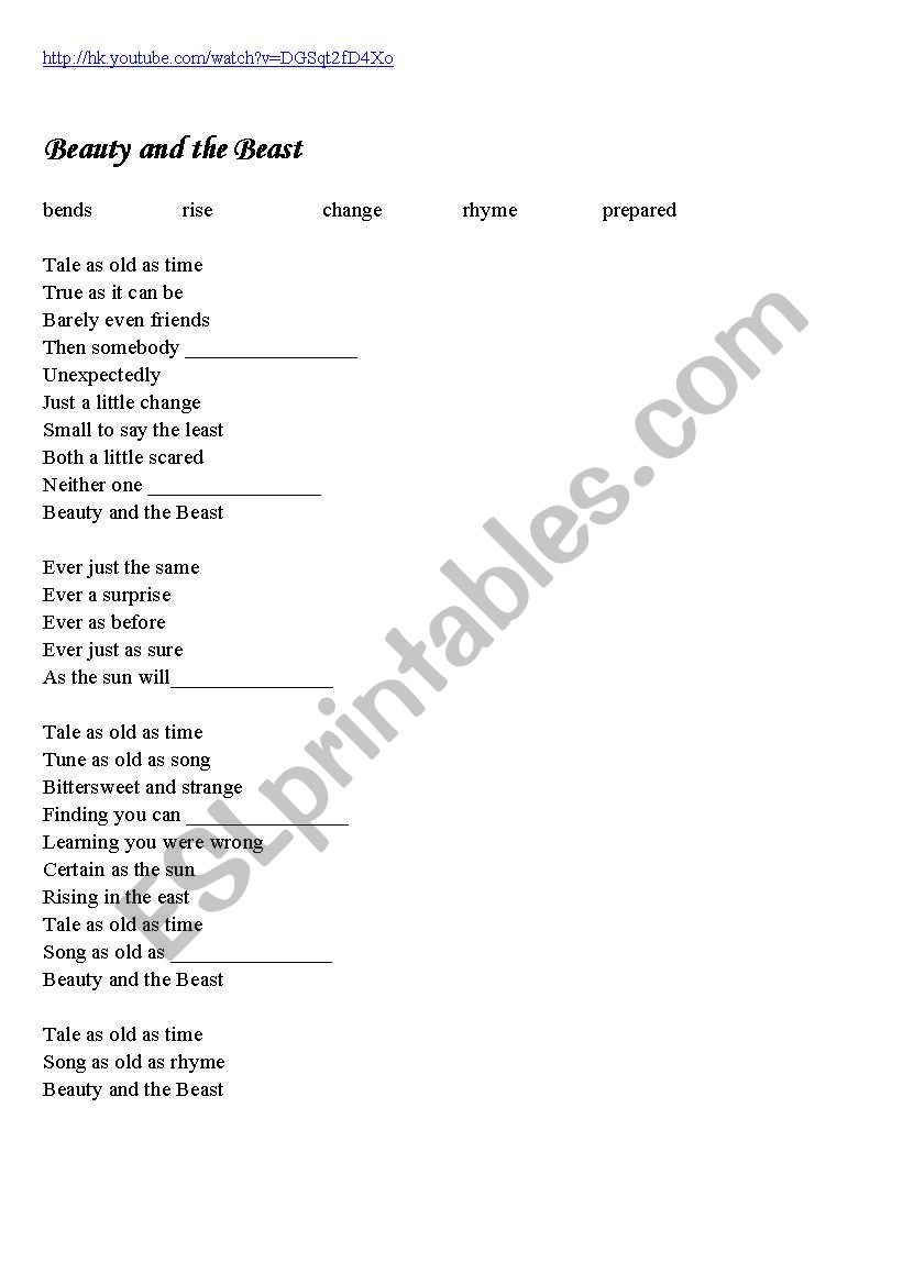 Beauty and the beast worksheet