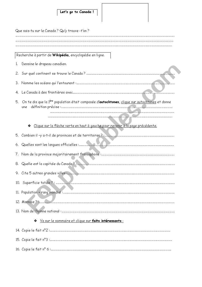 about Canada worksheet