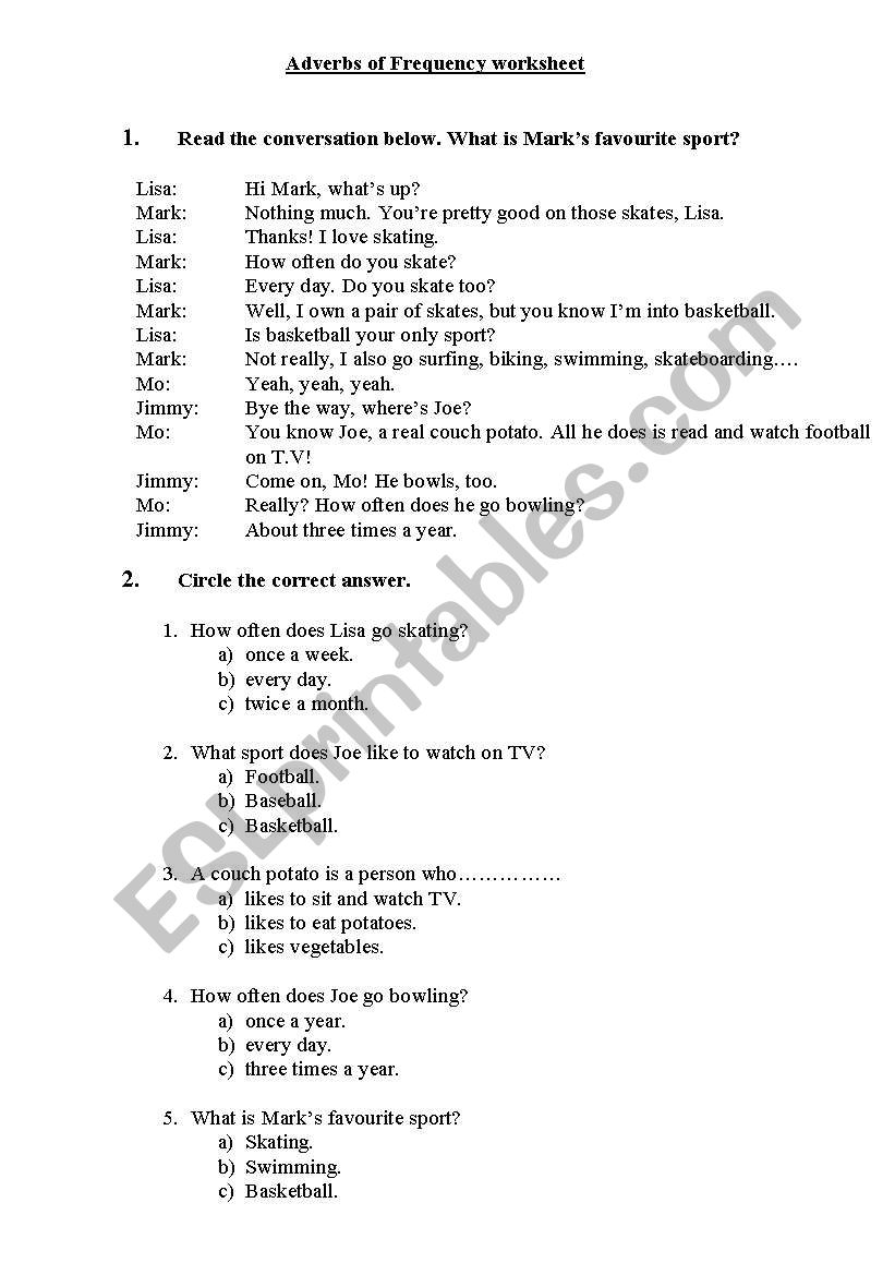 Adverbs of Frequency worksheet