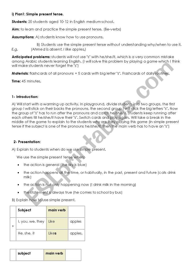 simple prsent lesson plan worksheet