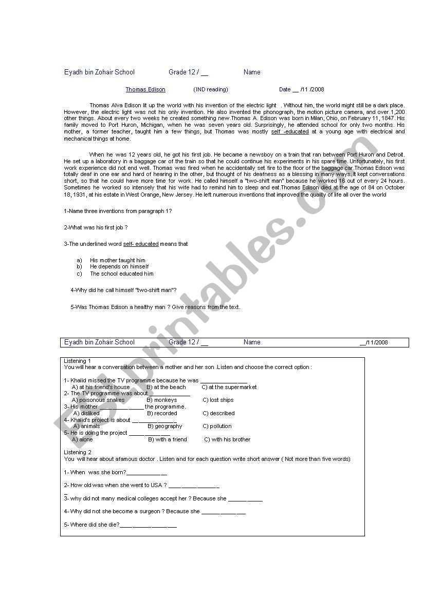 Thomas Edison worksheet