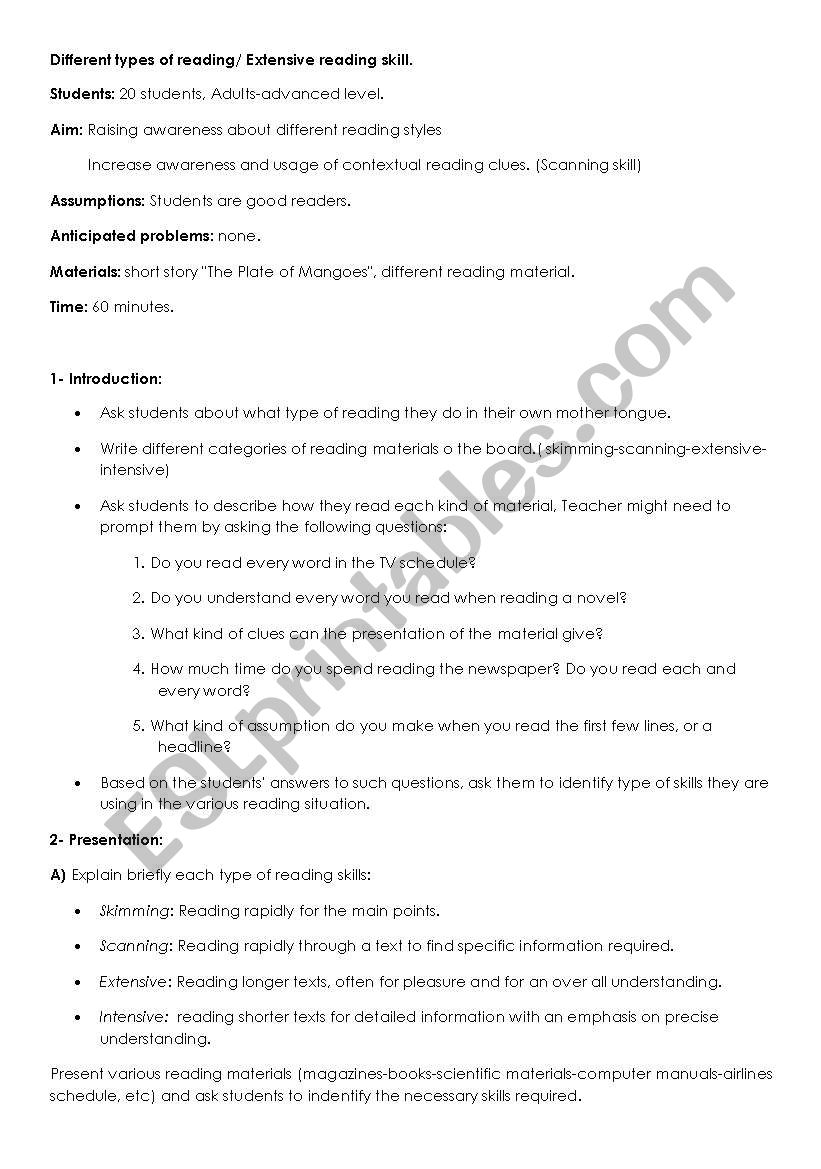 reading skills worksheet