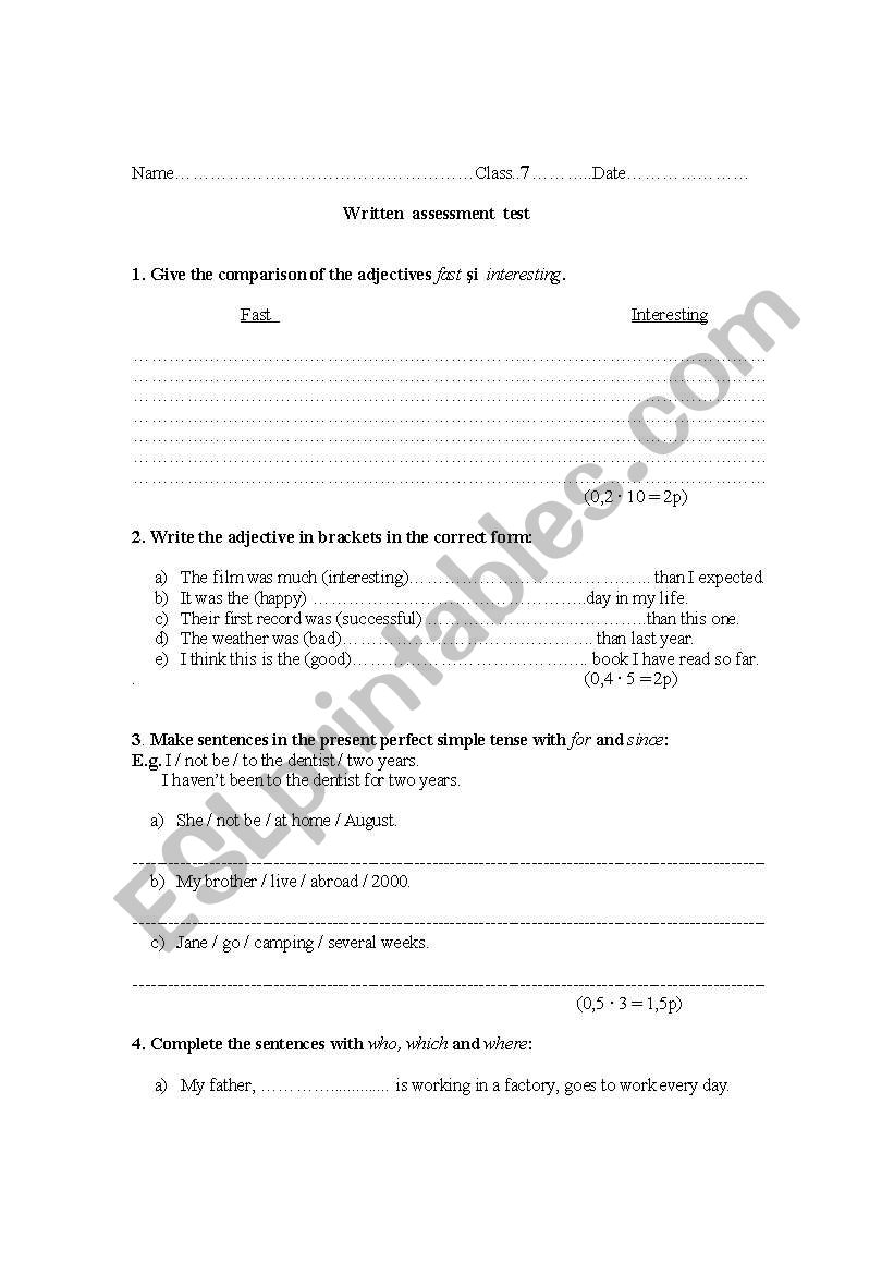 written test worksheet