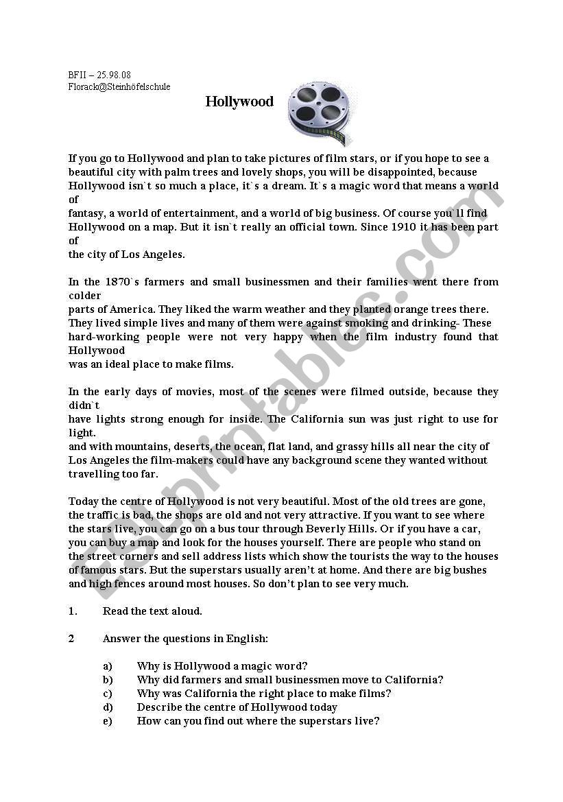 The city of Hollywood worksheet