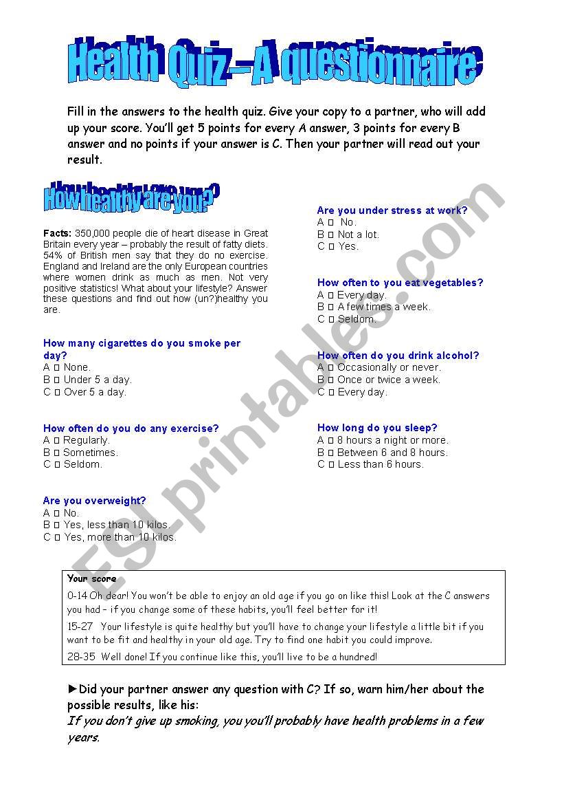 Health Quiz - A questionnaire worksheet