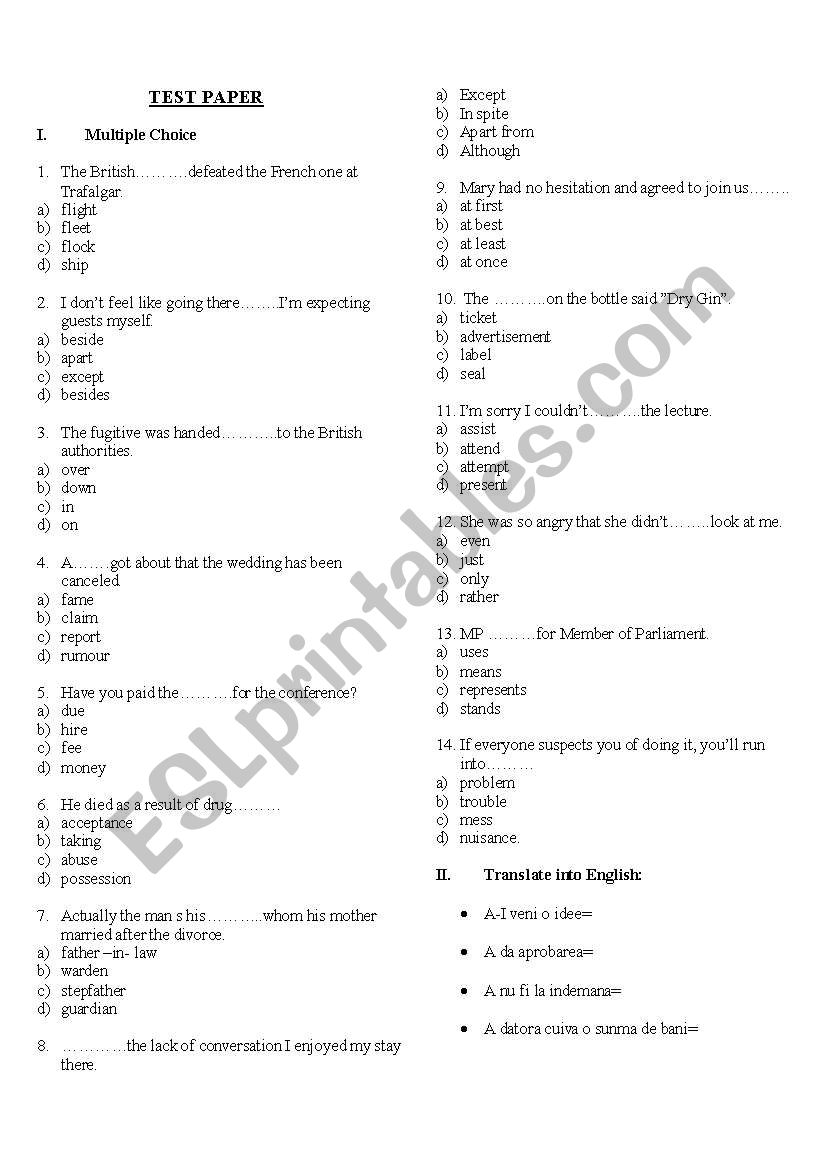 multiple choise worksheet