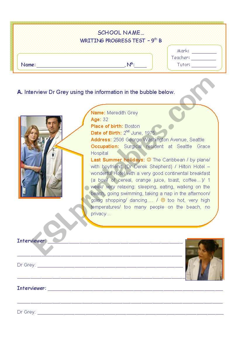 WRITING AN INTERVIEW - Students choose one of the 2 - Doctor Grey, Meredith, or Izzie