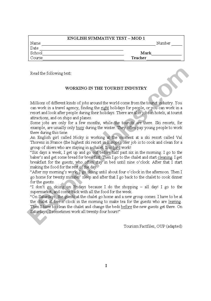 English Test worksheet