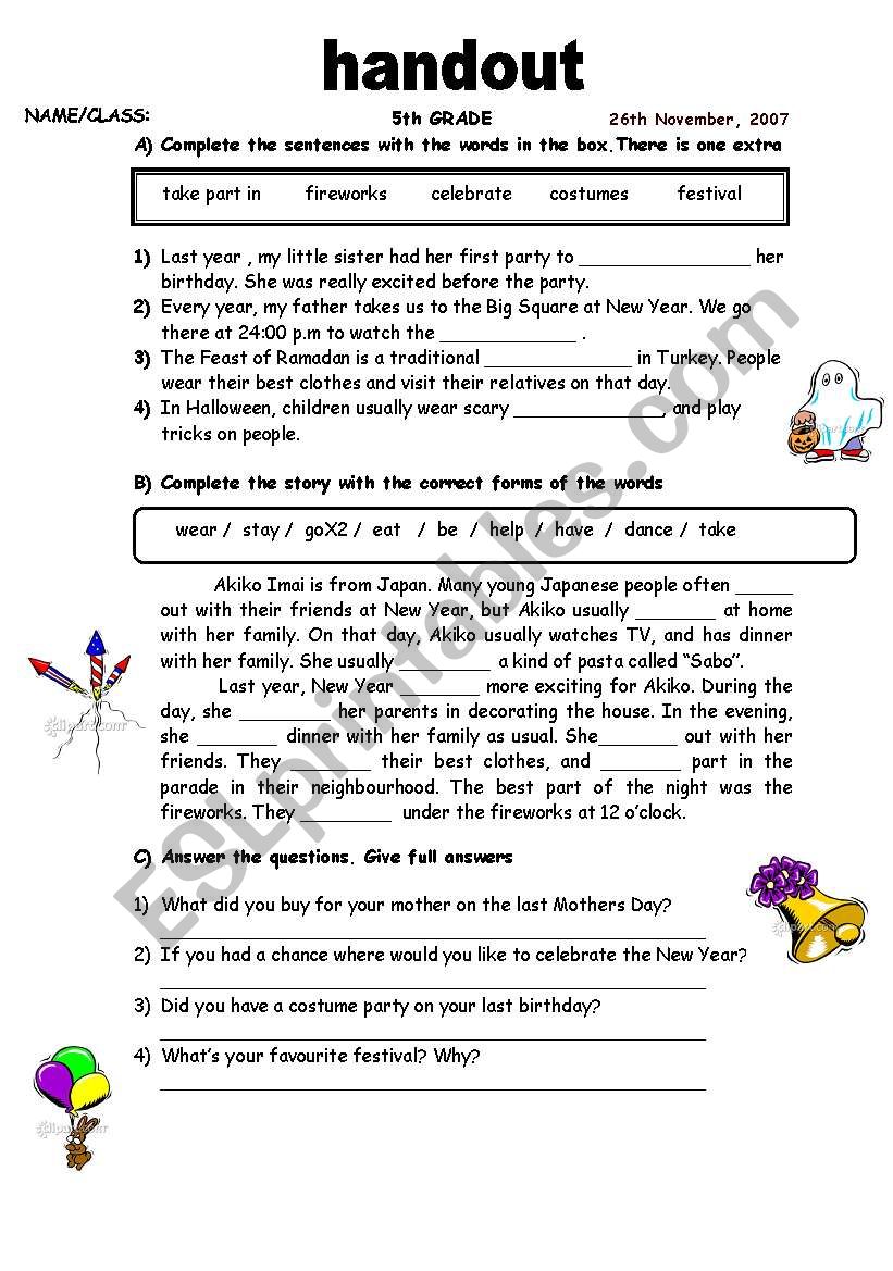 handout about festivals worksheet