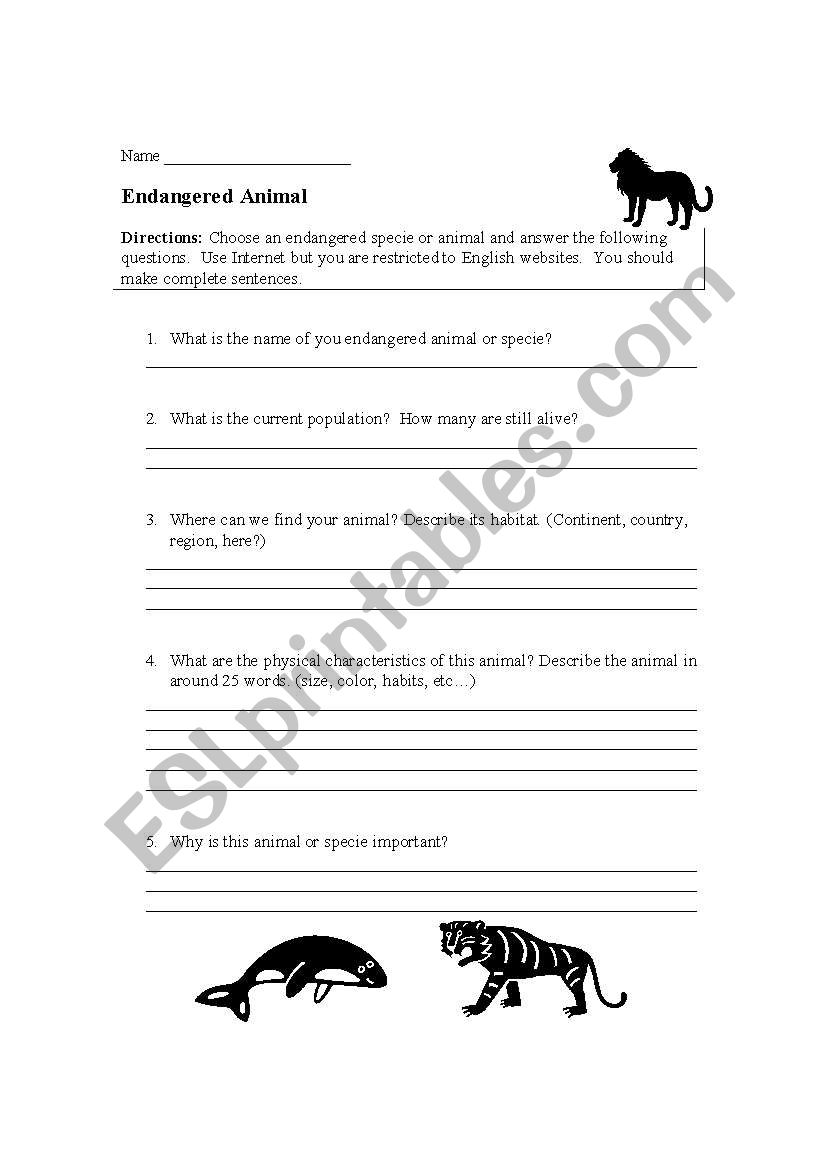 Endangered anmial worksheet