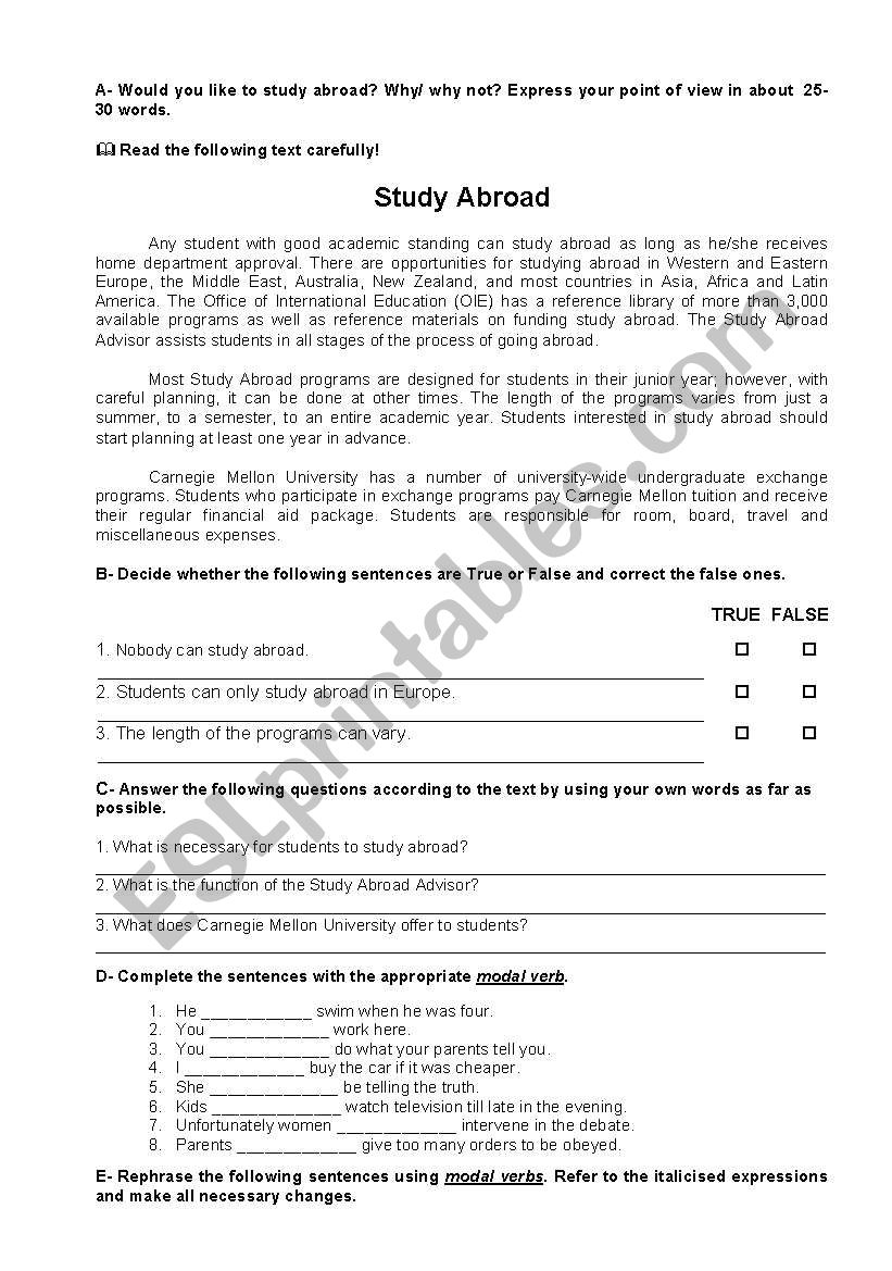 Study abroad worksheet