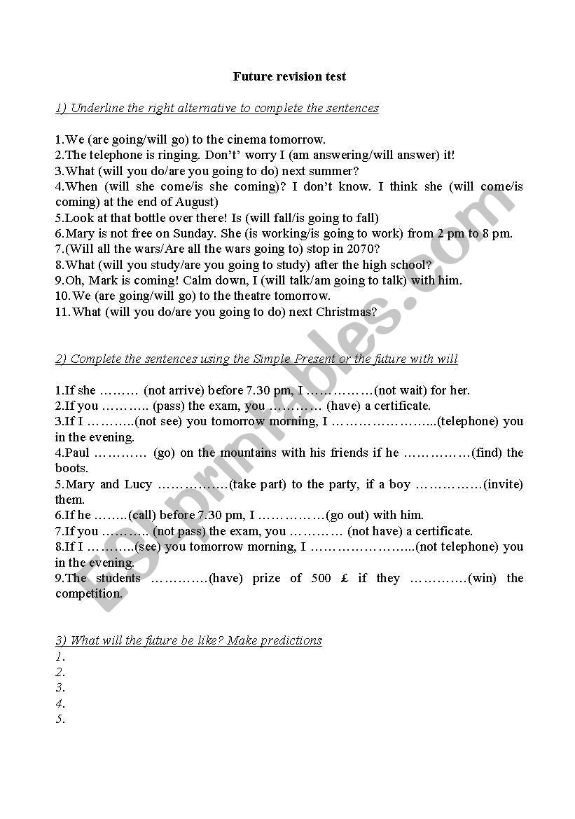 Future revision test worksheet