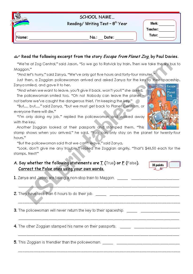 Escape from Planet Zog - Reading Comprehension Test  for 7/8th graders