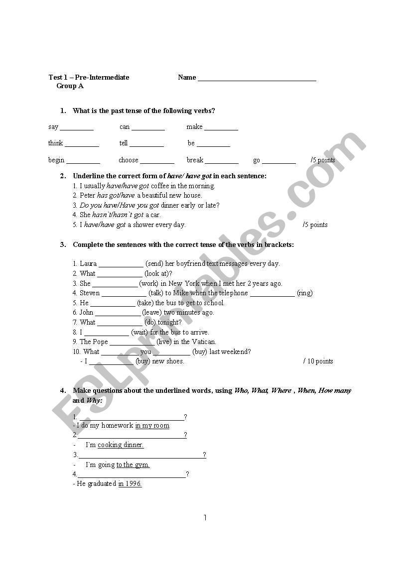 revision test worksheet