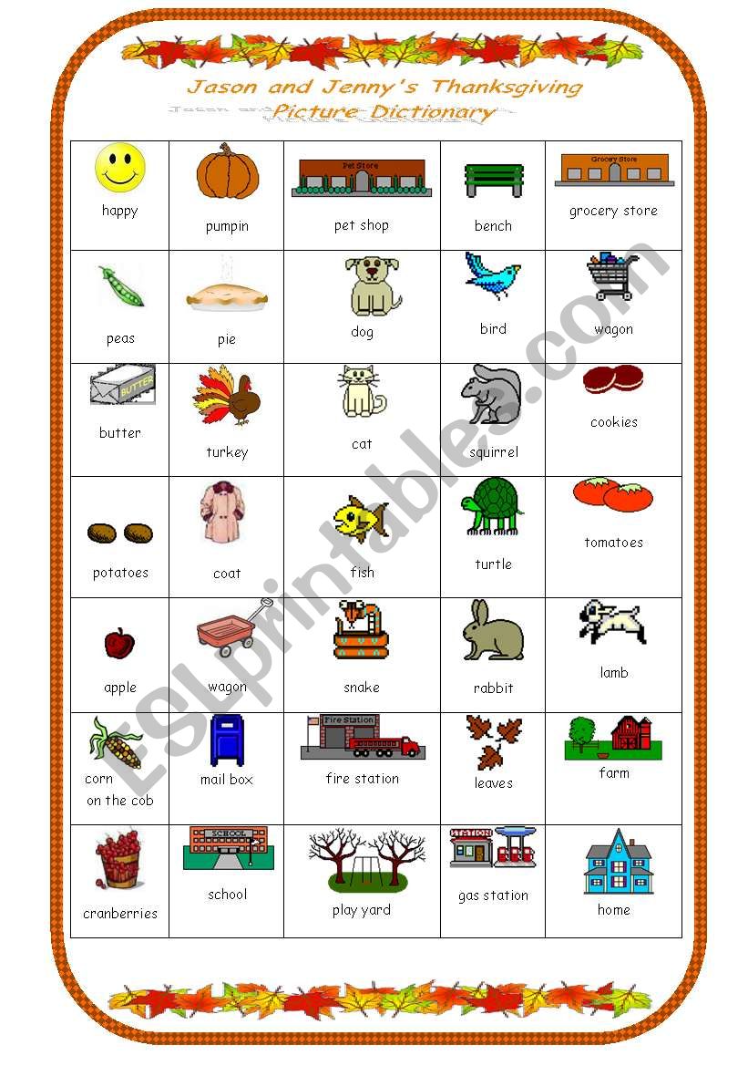 Thanksgiving picture dictionary to Jason and Jennys Lesson plan