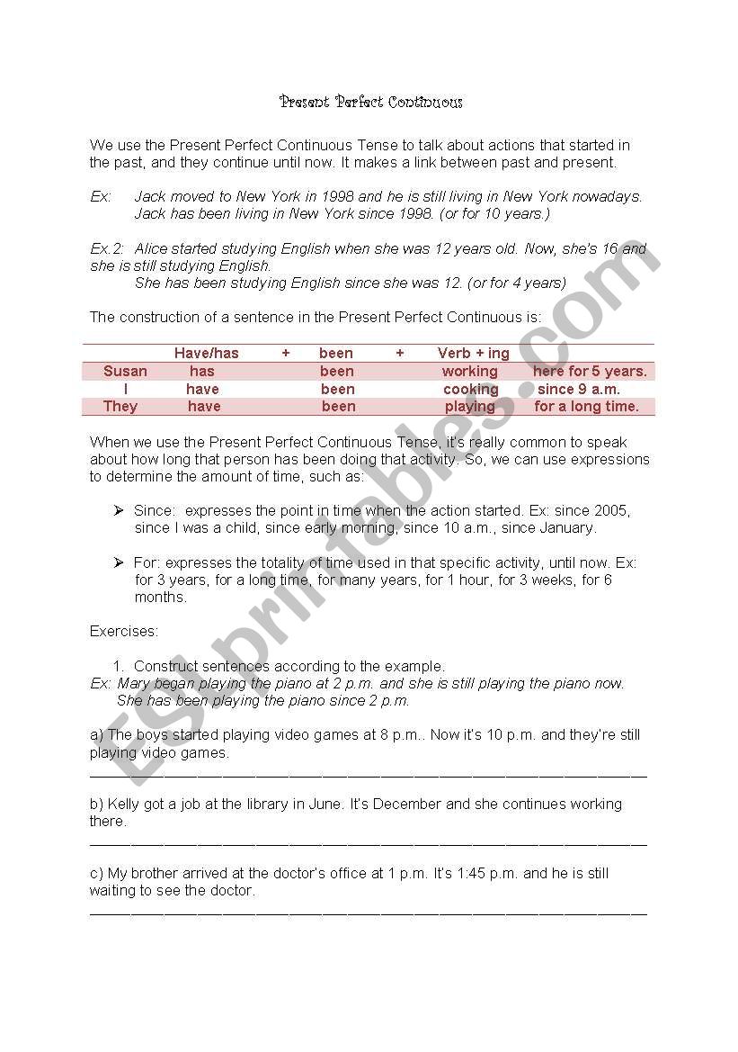 Present Perfect Continuous worksheet