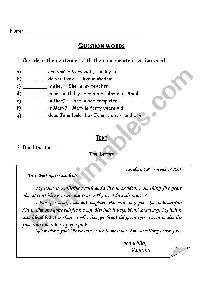 Text Comprehension worksheet