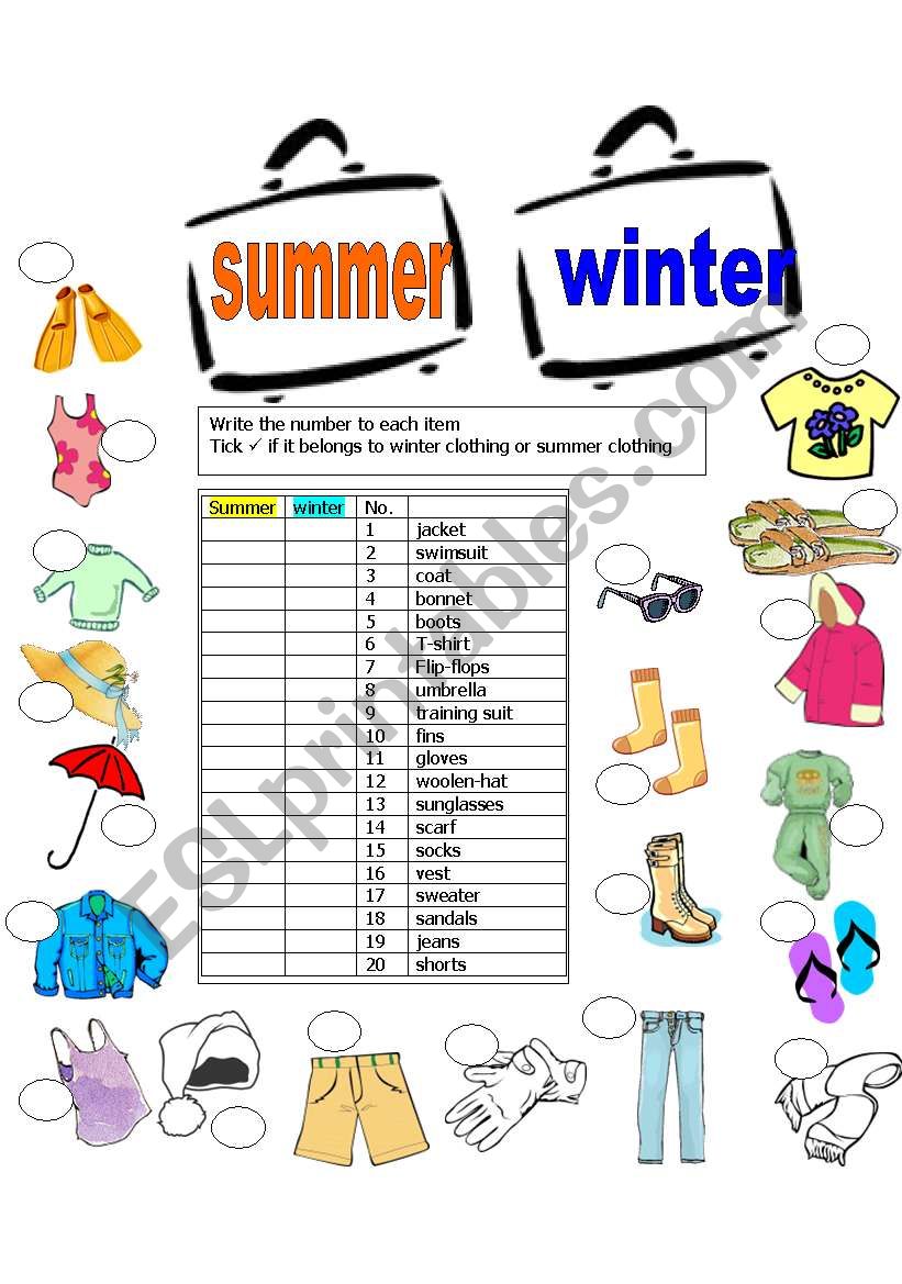 Summer & Winter clothes worksheet