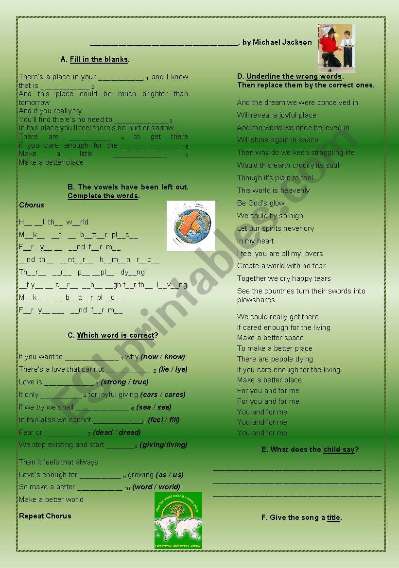 Heal the World worksheet