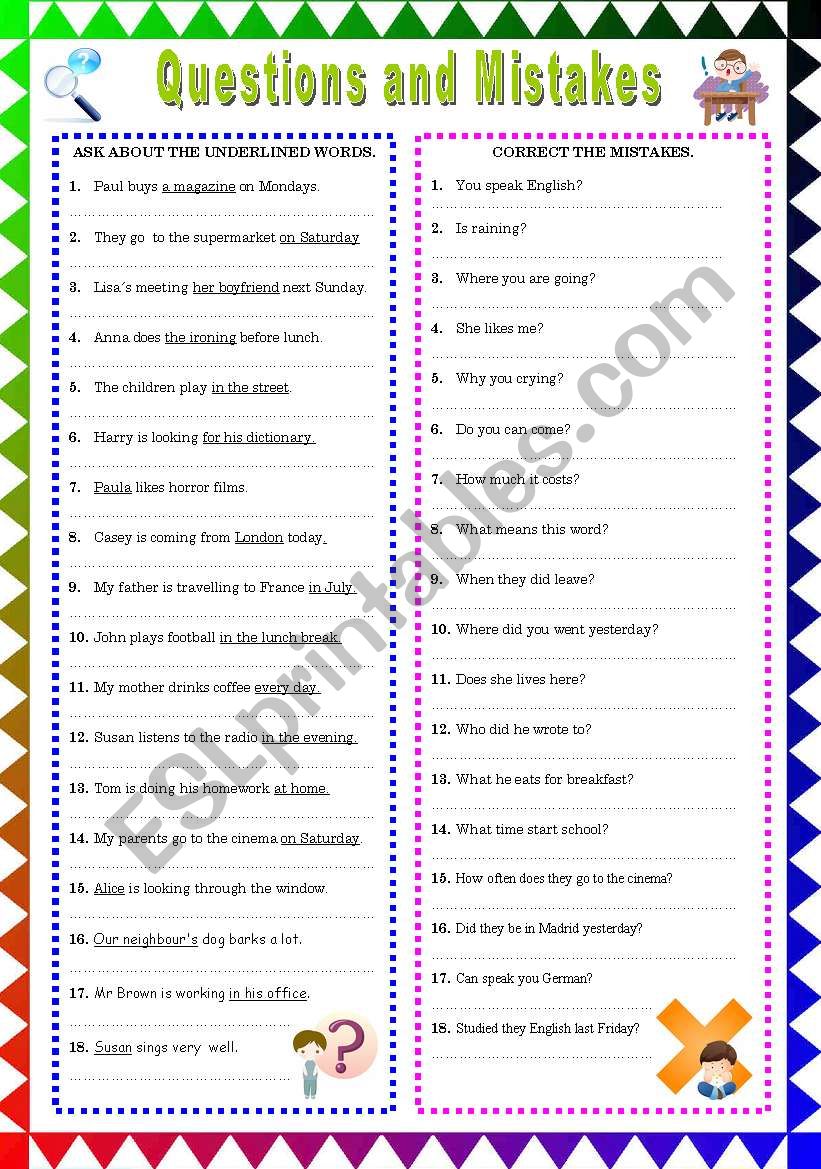 Questions and Mistakes worksheet